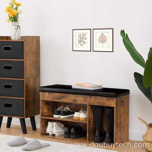 wooden shoe bench with cushion and drawers